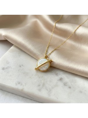 Vaoov 925 Ayar Gümüş Beyaz Opal Taşlı Gezegen Kolye