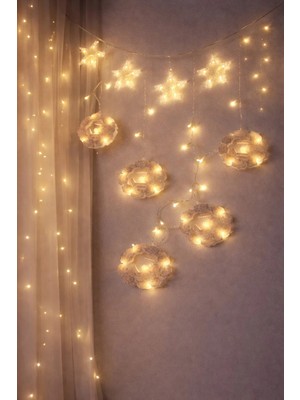 Flamex 3mt Fişli - Eklemeli Ramazan Dekor Lamba - Perde LED Sarı Beyaz Yuvarlak Cami - Yıldız Ekl-09-0