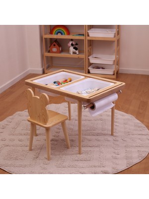 Özgürce Ahşap Montessori Aktivite Masası ve Sandalye Seti, Beyaz/kara Tahtalı, Kişiselleştirilebilir