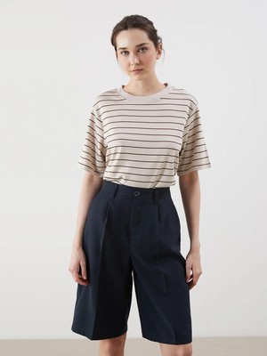 Lc Waikiki Yeni Sezon Bisiklet Yaka Çizgili Oversize Kadın Tişört