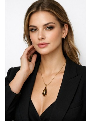 Solare Accessories Kaplan Gözü Doğal Taş Damla Kolye – Özgüven & Denge Enerjisi