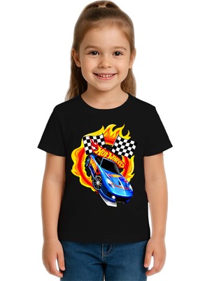 Sedirli Unisex Hot Wheels Baskılı Çocuk Tişört Pamuklu Penye Kumaş