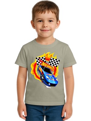 Sedirli Unisex Hot Wheels Baskılı Çocuk Tişört Pamuklu Penye Kumaş