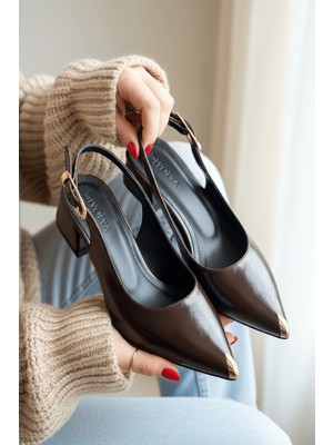 Divolya Mando Kahverengi Kırışık Rugan (4 cm Topuk Boyu ) Sivri Burun Topuklu Babet Ayakkabı