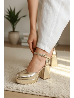 Divolya Serra Gold Platform ( 9 cm Topuklu ) Günlük Topuklu Ayakkabı