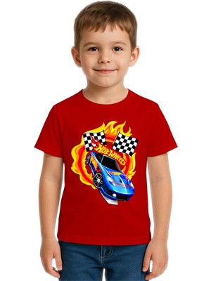Sedirli Unisex Hot Wheels Baskılı Çocuk Tişört Pamuklu Penye Kumaş