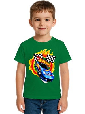 Sedirli Unisex Hot Wheels Baskılı Çocuk Tişört Pamuklu Penye Kumaş