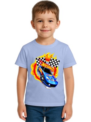 Sedirli Unisex Hot Wheels Baskılı Çocuk Tişört Pamuklu Penye Kumaş