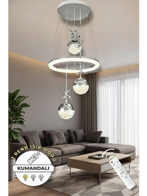 Ece Aydınlatma Heidi Krom Kaplamalı Lüks Tasarım Kumandalı Dimmerli 3 Renkli LED Avize