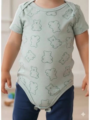 Şimo Butik Kız Erkek Çocuk Bebek Uzun Kollu Çıtçıtlı Body-Badi %100 Organik Pamuk 3.5-4-5-6 Yaş Ayı Vücut Haki