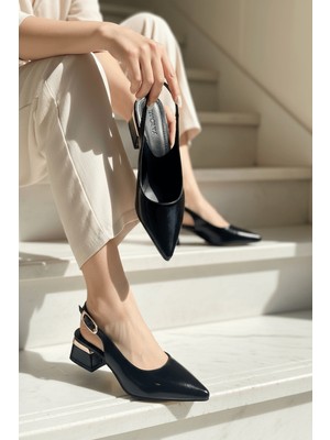 Divolya Aylov Siyah Kırışık Rugan (4 cm Topuk Boyu ) Sivri Burun Topuklu Babet Ayakkabı