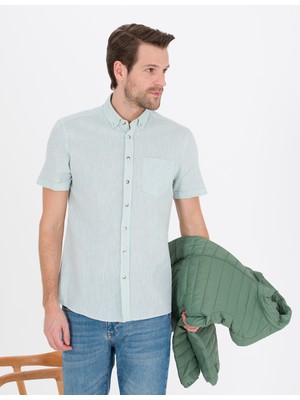 Pierre Cardin Erkek Yeşil Keten Karışımlı Regular Fit Kısa Kollu Gömlek 50265118-VR054