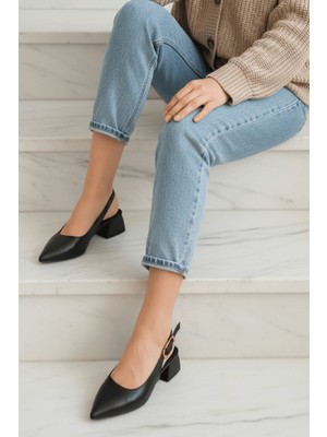 Divolya Calista Siyah Yanı Tokalı (4 cm Topuk Boyu ) Sivri Burun Topuklu Babet Ayakkabı