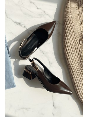 Divolya Aylov Kahverengi Kırışık Rugan (4 cm Topuk Boyu ) Sivri Burun Topuklu Babet Ayakkabı