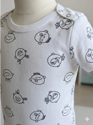 Şimo Butik Kız Erkek Çocuk Bebek Uzun Kollu Çıtçıtlı Body-Badi %100 Organik Pamuk 3.5-4-5-6 Yaş Komik Kafa Beyaz
