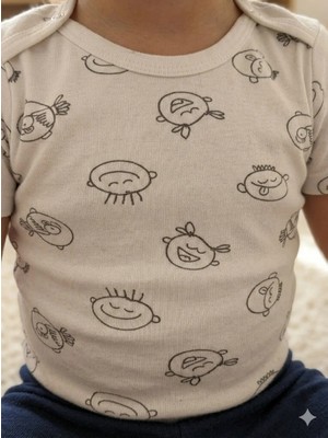 Şimo Butik Kız Erkek Çocuk Bebek Uzun Kollu Çıtçıtlı Body-Badi %100 Organik Pamuk 3.5-4-5-6 Yaş Komik Kafa Ekru
