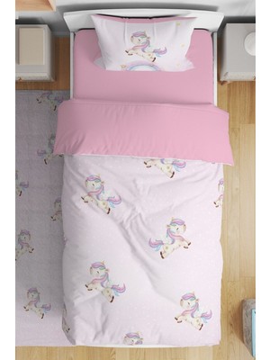 Özgürce Pembe Unicorn Desenli Tek Kişilik Bebek Çocuk Nevresim Takımı