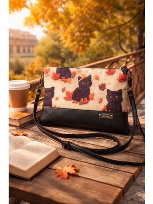 Talking Dreams Kara Kedi Desenli Uzun Saplı Clutch