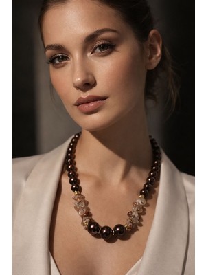 Solare Accessories Dumanlı Kuvars Doğal Taş Detaylı Kahverengi Cam Inci Kolye