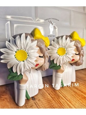 Tarçın Tasarım 15 cm Papatyalı Kız Saksı (1 Adet),kalemlik,büro/ofis, Doğum Günü Hediyesi