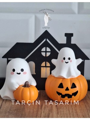 Tarçın Tasarım By Gizem Bağcı El Yapımı,balkabağı Dekor,halloween Hayalet 2'li Biblo/kabak Dekor (Handmade)