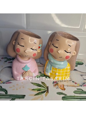 Tarçın Tasarım 2 Adet Sevimli Kız Biblo,kaktüs/sukulent Saksısı(Handmade)