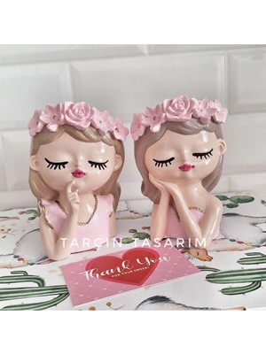 Tarçın Tasarım 2 Li Sevimli Kız Biblo Saksı,büro/ofis, Doğum Günü Hediyesi