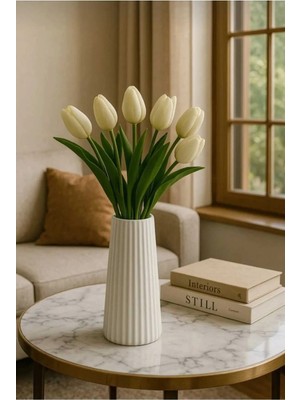 Tarçın Tasarım By Gizem Bağcı Modern Dekorasyon Için Şık Beyaz Çizgili Beton Çiçek Vazo - Minimalist ve Zarif Vazo Modelleri