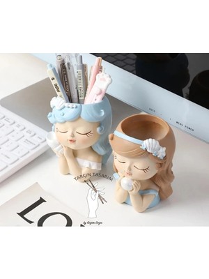 Tarçın Tasarım 2'li Incili Kız Saksı, Sukulent Kaktüs Saksı Seti