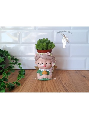 Tarçın Tasarım Dekoratif El Yapımı Mantarlı Melek Kız Saksı,sukulent/kaktüs,kız Figür Saksı (Kaktüs Dahil Değildir)