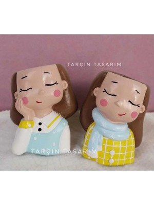 Tarçın Tasarım El Yapımı,2'li Sevimli Kız Saksı,dekoratif Biblo,(Handmade)