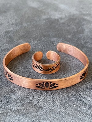 Aida Jewelss El Yapımı Bakır Yüzük ve Bileklik Kombini Ayarlanabilir Ölçü Bakır Set