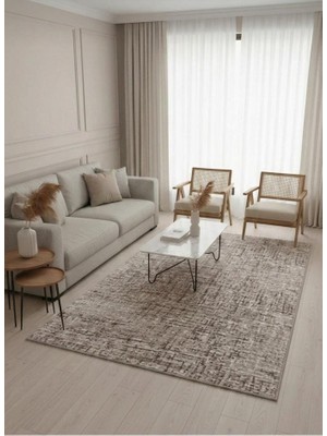 Nesrin Jel Kaymaz Taban Kesme Halı Yolluk Kahve Krem Kendinden Desenli Makinede Yıkanabilir