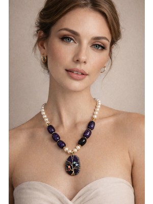 Solare Accessories Yaşam Ağacı Çakra Enerji Kolyesi -Mor Akik Taşlarının Birleşimi Tasarım Kolye