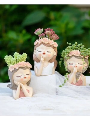 Tarçın Tasarım 3'lü Sevimli Kız Saksı,dekoratif Eşya,elyapımı,kaktüs ve Sukulent Seti