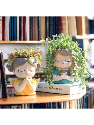 Tarçın Tasarım 18 cm 2'li Melek Kız Saksı,dekoratif Obje