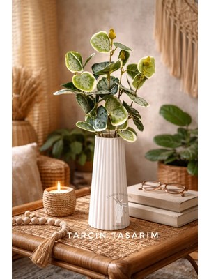 Tarçın Tasarım By Gizem Bağcı Modern Dekorasyon Için Şık Beyaz Çizgili Beton Çiçek Vazo (Yapay Çiçek Dahildir)