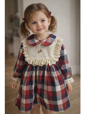 Fairystory Kız Çocuk Ekose Desenli Dantel Detaylı Uzun Kollu Elbise – Yeni Sezon