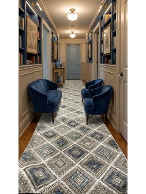 Nesrin Jel Kaymaz Taban Kesme Halı Yolluk Mavi Renkli Şık Halı Makinede Yıkanabilir