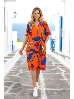 Modanı Seç Turuncu Çiçekli Gömlek Yaka Cepli Kısa Elbise