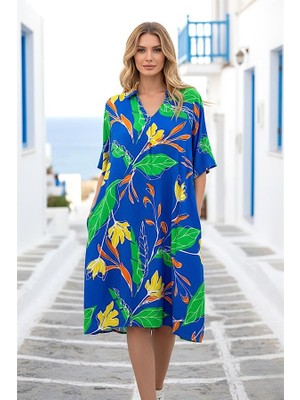 Modanı Seç Saks Mavi Çiçekli Gömlek Yaka Cepli Kısa Elbise