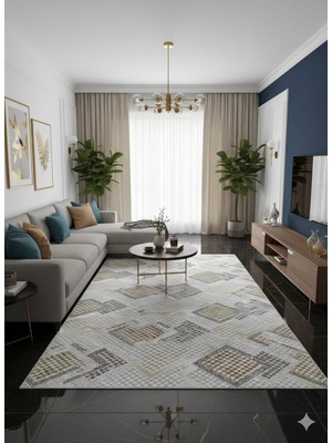 Nesrin Jel Kaymaz Taban Kesme Halı Yolluk Krem Kahve Kareli Halı Makinede Yıkanabilir