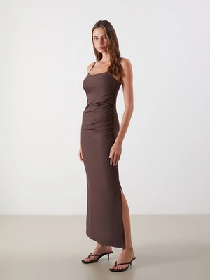 Lc Waikiki Yeni Sezon Kare Yaka Askılı Büzgülü Elbise