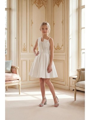 Butik Happy Kids Kız Çocuk Abiye Krem Krep  Drapeli Asimetrik Omuz ve Tül Detaylı  Modern Abiye  Elbise 10-15 Yaş
