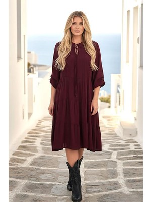 Modanı Seç Bordo Bel ve Yaka Bağlamalı Diz Boyu Elbise