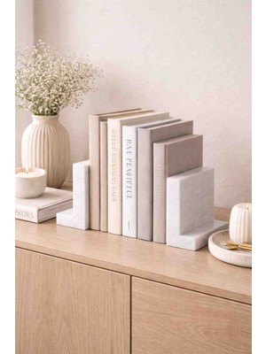 Marbello Masif Beyaz Mermer Kitap Tutucu 2’li Set - Minimal L Tip Dekoratif Bookend Ofis & Salon Raf Aksesuaı