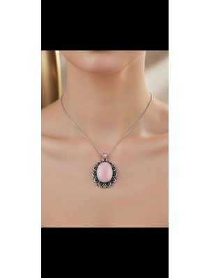 anka select El Yapımı Pembe Doğal Taş Kolye Ucu – Vintage Bakır Çerçeveli Oval Tasarım zamansız özel parçalar serisi