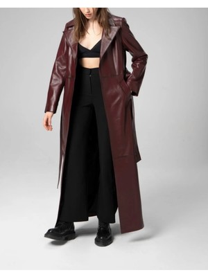  kadın uzun hakiki deri trençkot kaban