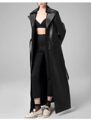  kadın uzun hakiki deri trençkot kaban