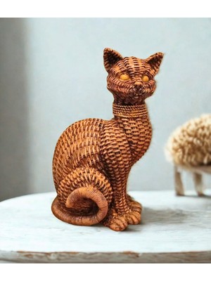Yaratıcı Sanatlar Atölyesi 25 cm Büyük Boy Hasır Vücut Desenlerine Sahip El Yapımı Kedi Heykeli